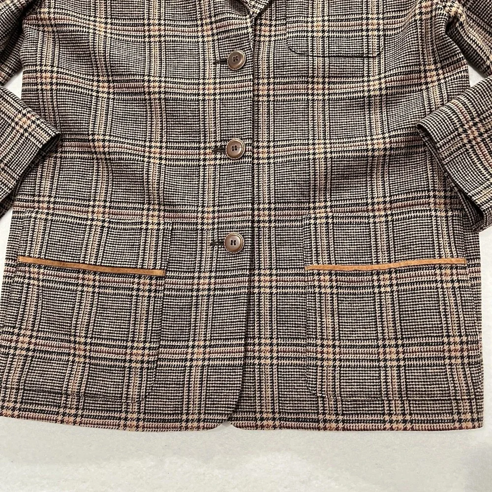 Wool Plaid Blazer Harve Bernard  With Suede Leather Trim Womens Size 12 Vintage